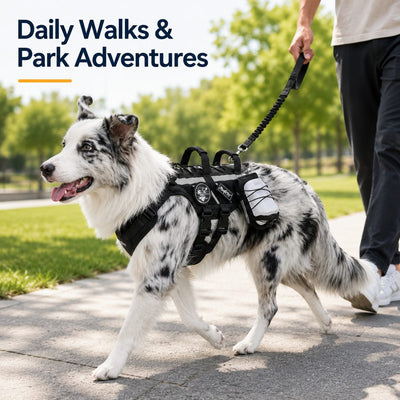Malloren Outdoor Dog Harness & Bungee Leash Set with Dual Handles, Storage Pouch & Patch Accessories for Hiking, Walking and Everyday Adventures