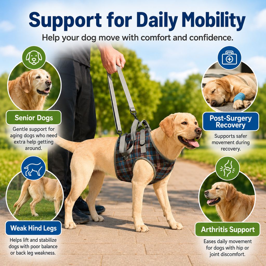 Malloren Dog Mobility Support Harness for Stairs & Cars - Front or Rear Lift Assist for Weak Legs
