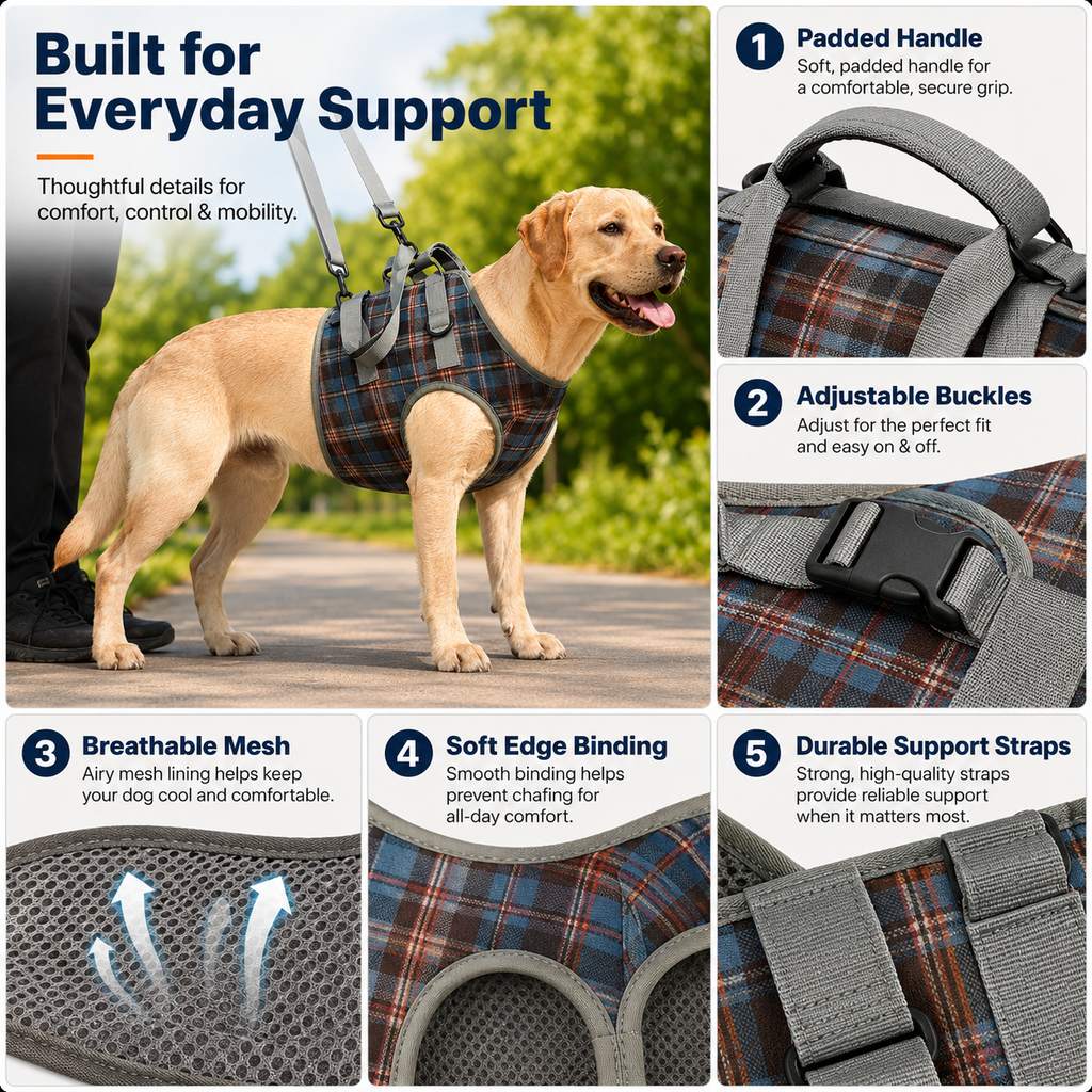 Malloren Dog Mobility Support Harness for Stairs & Cars - Front or Rear Lift Assist for Weak Legs