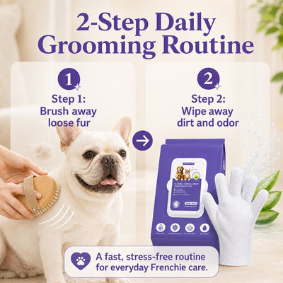 Malloren Frenchie Daily Grooming Kit for After-Walk & Between-Bath Care - Boar Bristle Brush + Rinse-Free Cleaning Gloves