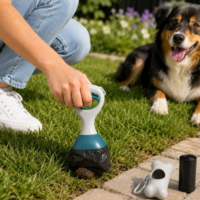 Malloren Dog Pooper Scooper for Walks & Yard Cleanup - Bag-Lined Claw with 3 Handle Lengths for Less-Contact Pickup