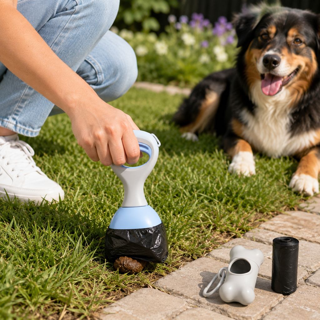 Malloren Dog Pooper Scooper for Walks & Yard Cleanup - Bag-Lined Claw with 3 Handle Lengths for Less-Contact Pickup