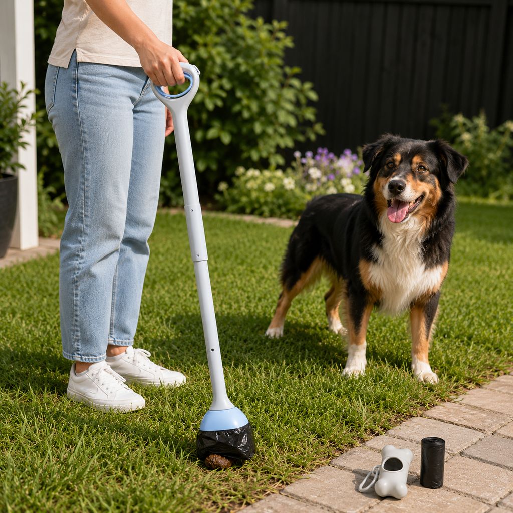 Malloren Dog Pooper Scooper for Walks & Yard Cleanup - Bag-Lined Claw with 3 Handle Lengths for Less-Contact Pickup
