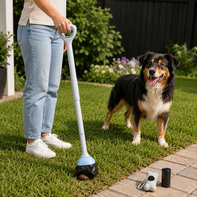 Malloren Dog Pooper Scooper for Walks & Yard Cleanup - Bag-Lined Claw with 3 Handle Lengths for Less-Contact Pickup