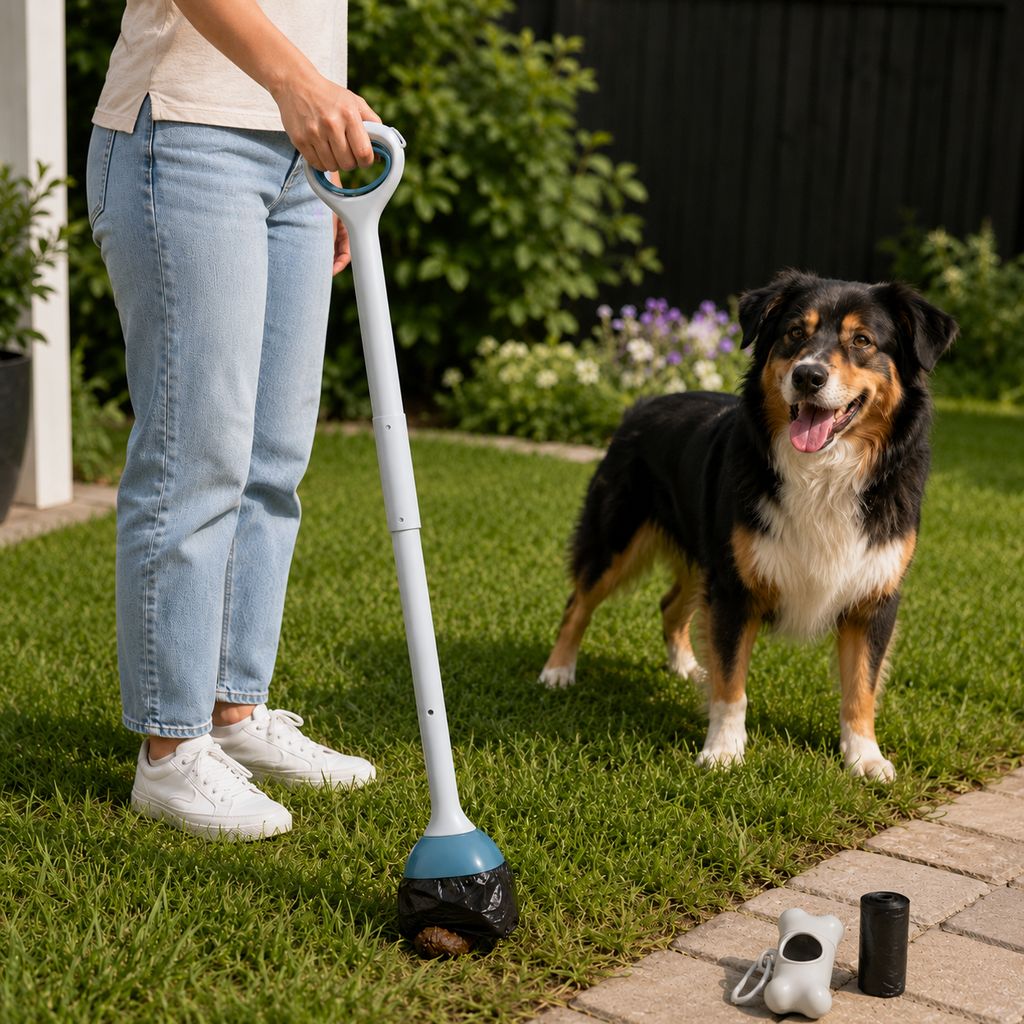 Malloren Dog Pooper Scooper for Walks & Yard Cleanup - Bag-Lined Claw with 3 Handle Lengths for Less-Contact Pickup
