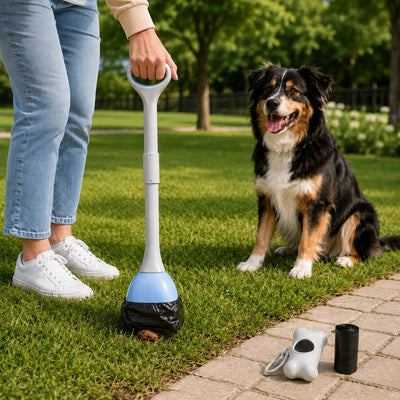 Malloren Dog Pooper Scooper for Walks & Yard Cleanup - Bag-Lined Claw with 3 Handle Lengths for Less-Contact Pickup