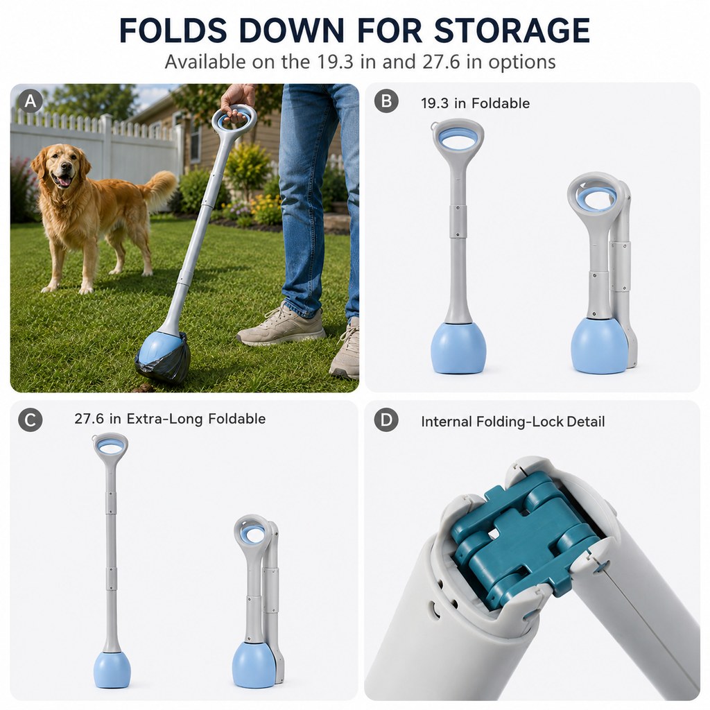 Malloren Dog Pooper Scooper for Walks & Yard Cleanup - Bag-Lined Claw with 3 Handle Lengths for Less-Contact Pickup