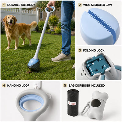 Malloren Dog Pooper Scooper for Walks & Yard Cleanup - Bag-Lined Claw with 3 Handle Lengths for Less-Contact Pickup