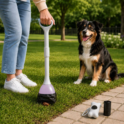 Malloren Dog Pooper Scooper for Walks & Yard Cleanup - Bag-Lined Claw with 3 Handle Lengths for Less-Contact Pickup