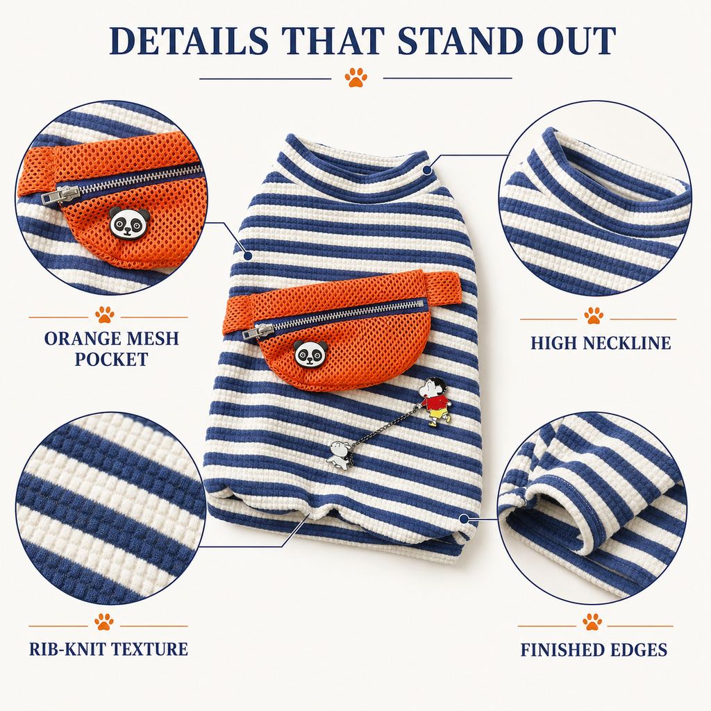 Malloren French Bulldog Striped Pocket Pullover for Cool Indoor Spaces & Easy Walks - Broad-Chest Sizing