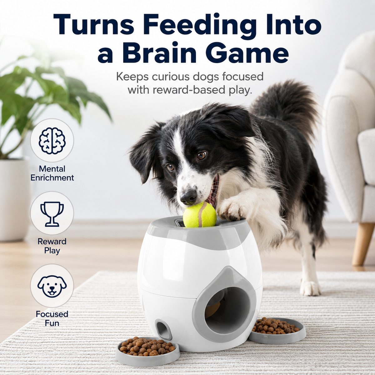 Malloren Ball-Activated Dog Puzzle Feeder for Indoor Play & Slow Eating - Interactive Treat Dispenser Toy with Tennis Balls, Side Trays & Scoop