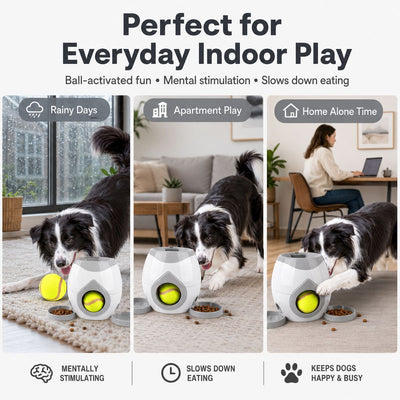 Malloren Ball-Activated Dog Puzzle Feeder for Indoor Play & Slow Eating - Interactive Treat Dispenser Toy with Tennis Balls, Side Trays & Scoop