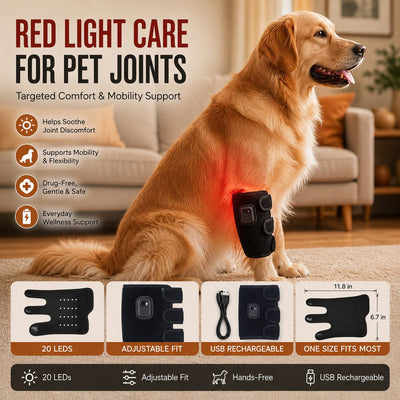 Malloren Dog Red Light Joint Wrap for Senior Dogs & Post-Walk Comfort - 20-LED Adjustable Mobility Support