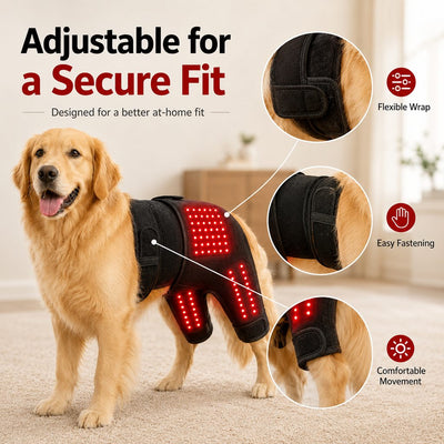 Malloren Wearable red light therapy sleeve for dogs, used for home care of the lower back and hind legs/hips.