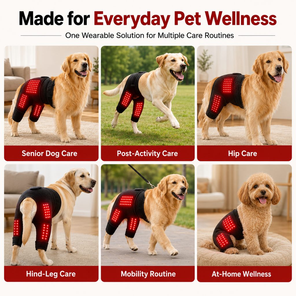 Malloren Wearable red light therapy sleeve for dogs, used for home care of the lower back and hind legs/hips.