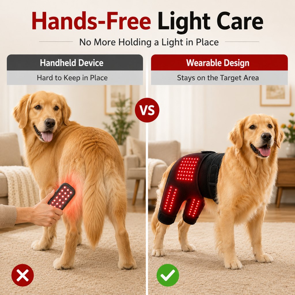 Malloren Wearable red light therapy sleeve for dogs, used for home care of the lower back and hind legs/hips.