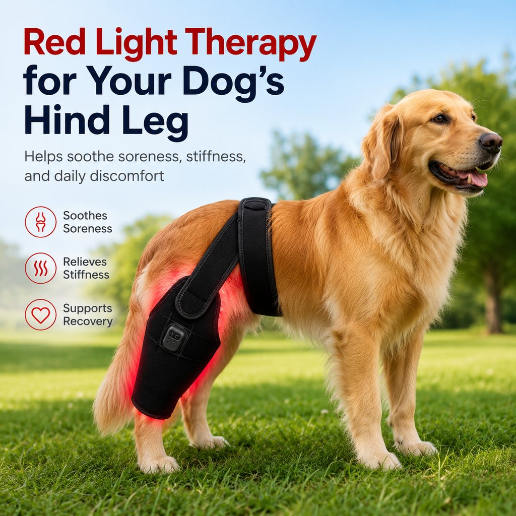 Malloren Red light therapy leg brace for dogs, suitable for senior and active dogs, provides comfort and support for hind legs during activity.