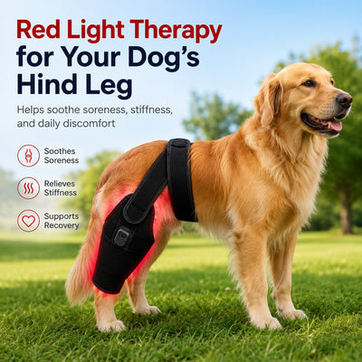 Malloren Red light therapy leg brace for dogs, suitable for senior and active dogs, provides comfort and support for hind legs during activity.