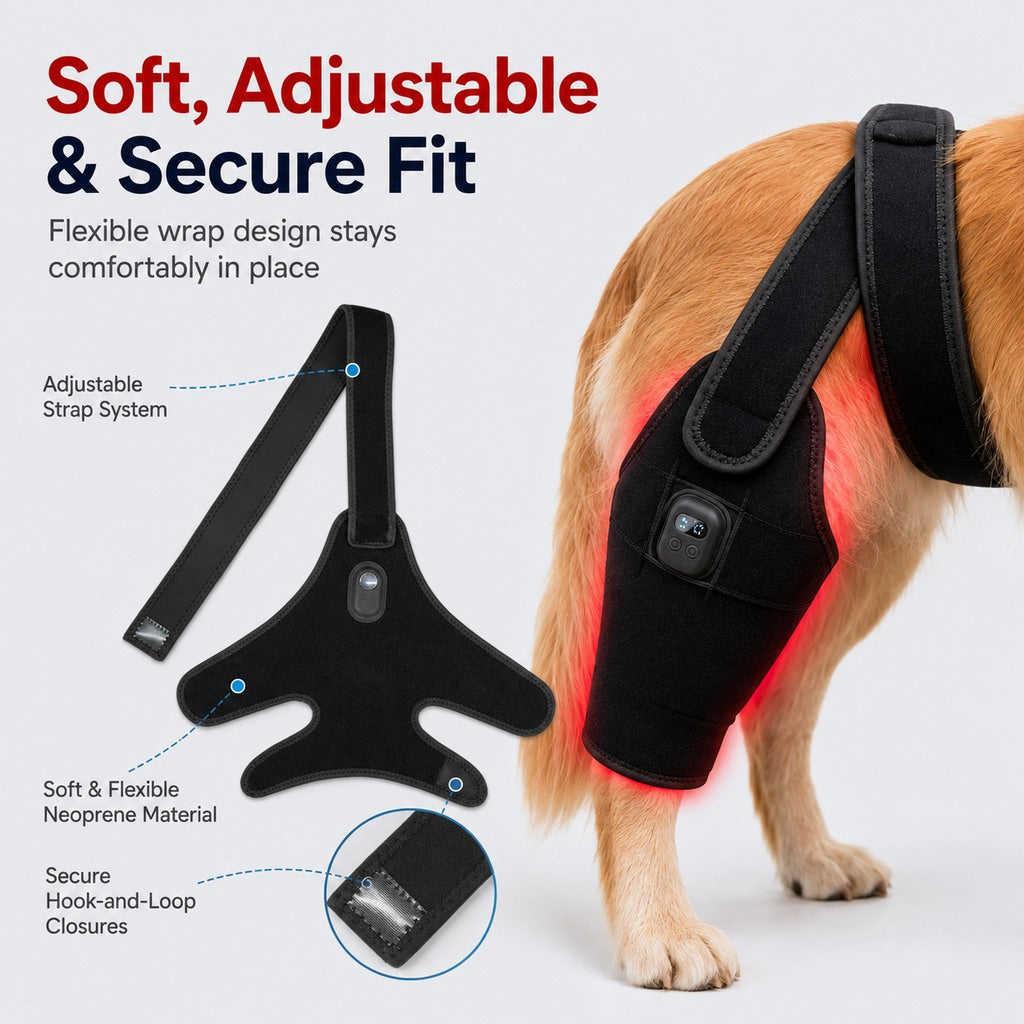 Malloren Red light therapy leg brace for dogs, suitable for senior and active dogs, provides comfort and support for hind legs during activity.