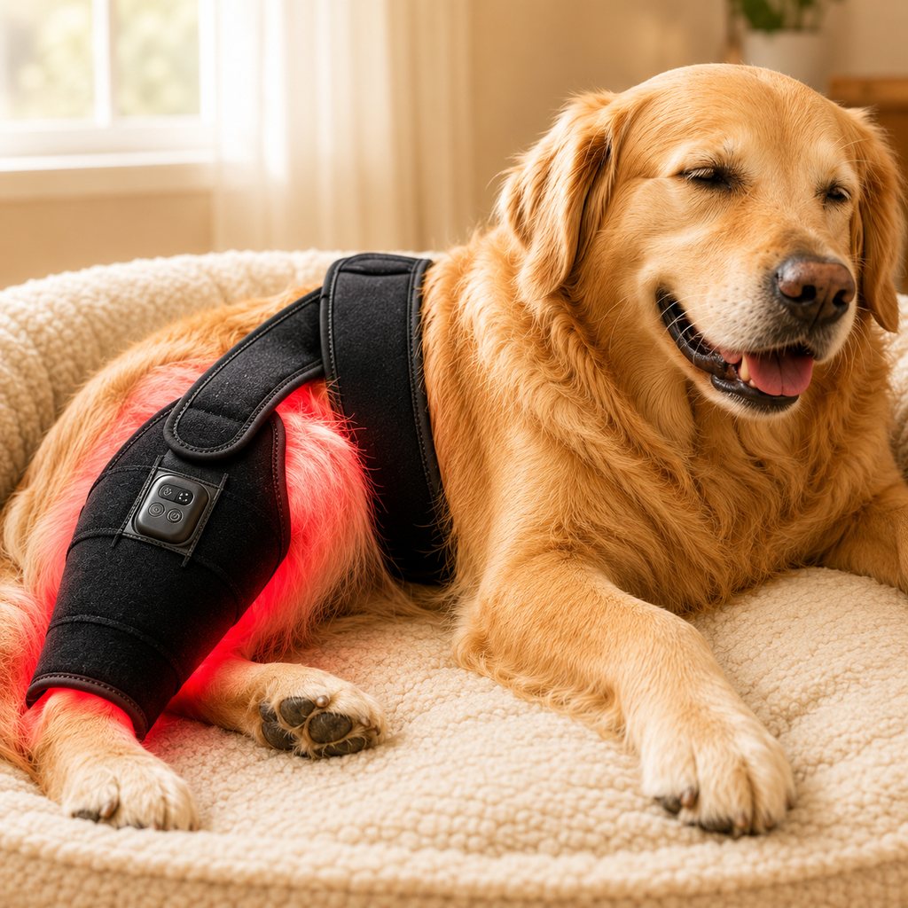 Malloren Red light therapy leg brace for dogs, suitable for senior and active dogs, provides comfort and support for hind legs during activity.