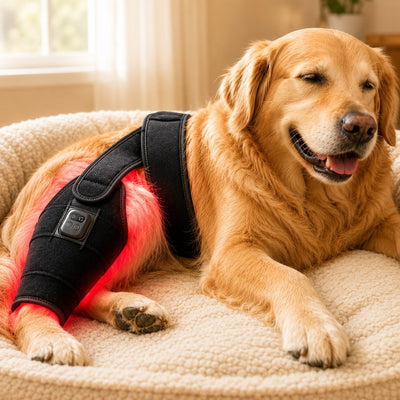 Malloren Red light therapy leg brace for dogs, suitable for senior and active dogs, provides comfort and support for hind legs during activity.