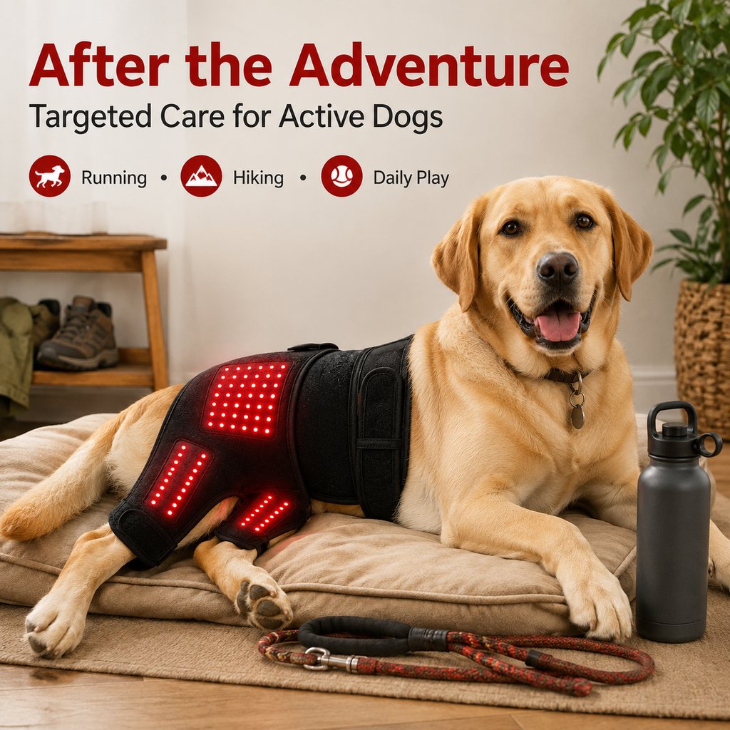 Malloren Wearable red light therapy sleeve for dogs, used for home care of the lower back and hind legs/hips.