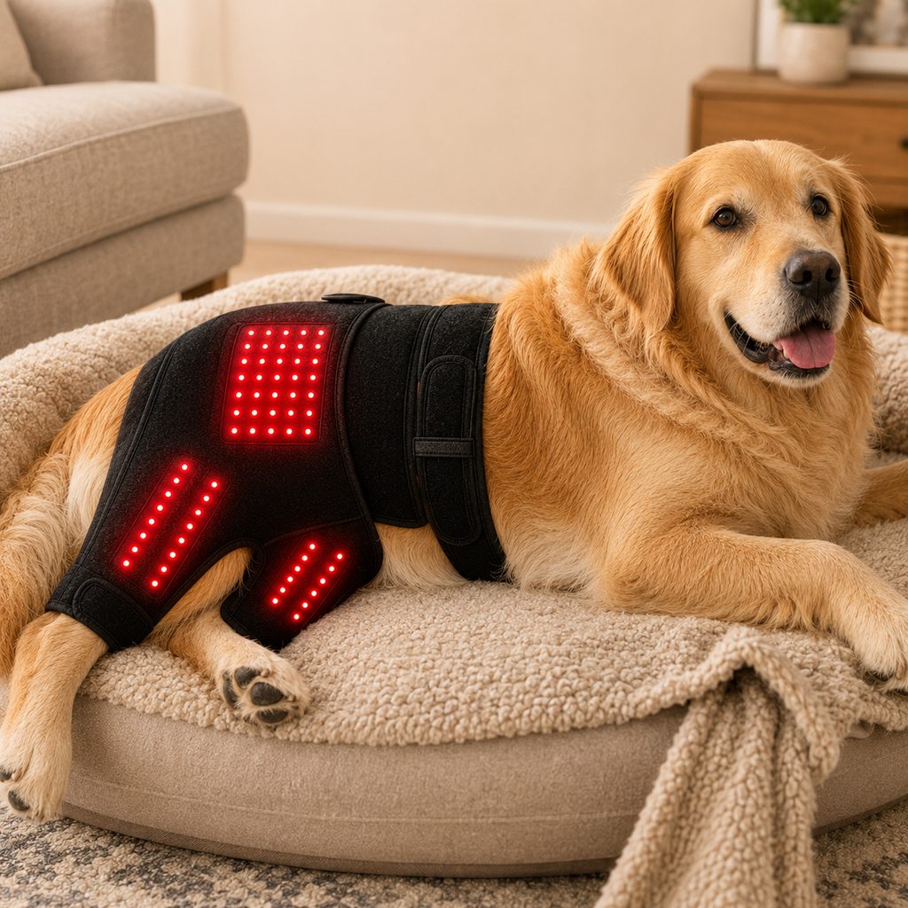 Malloren Wearable red light therapy sleeve for dogs, used for home care of the lower back and hind legs/hips.