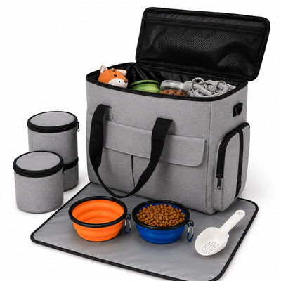 Malloren Pet Travel Bag for Dogs & Cats – Weekend Road Trip Organizer with Collapsible Bowls, Food Storage, Pockets & Luggage Sleeve