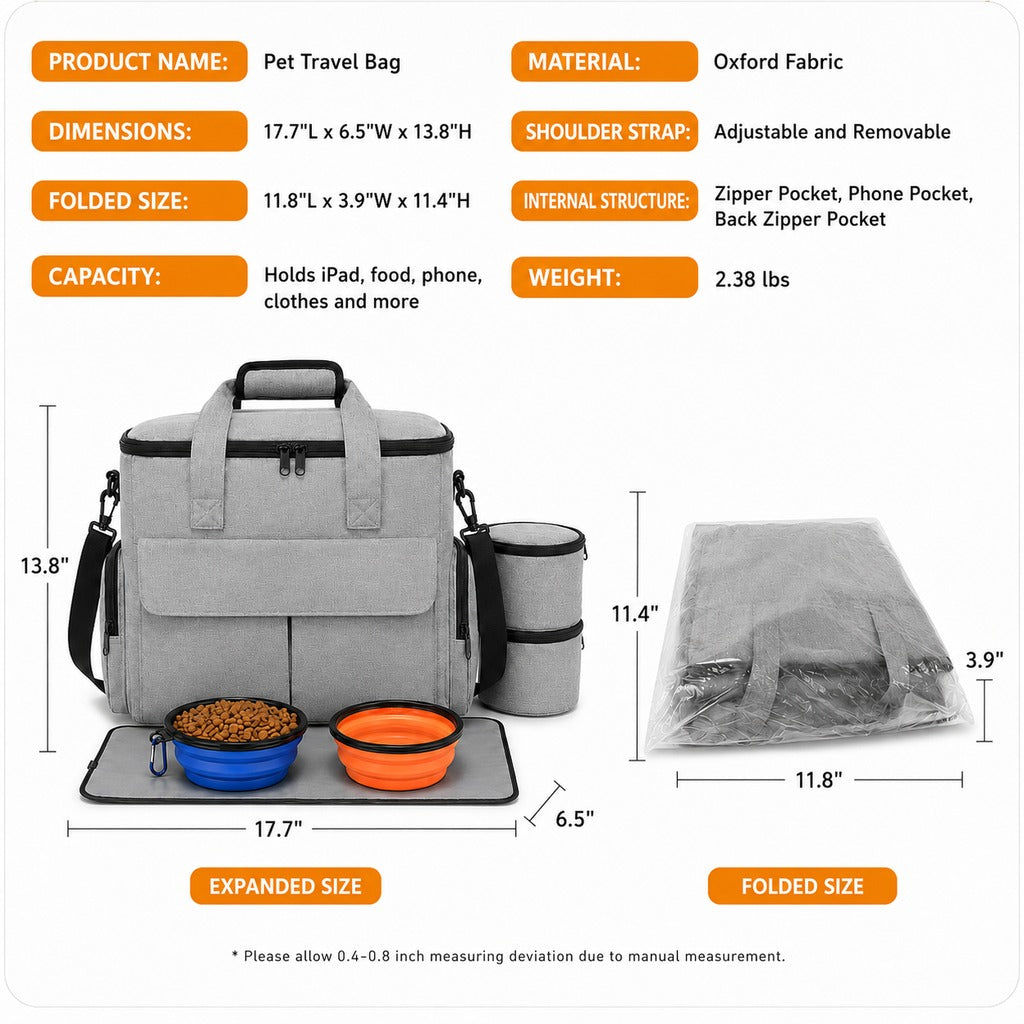 Malloren Pet Travel Bag for Dogs & Cats – Weekend Road Trip Organizer with Collapsible Bowls, Food Storage, Pockets & Luggage Sleeve