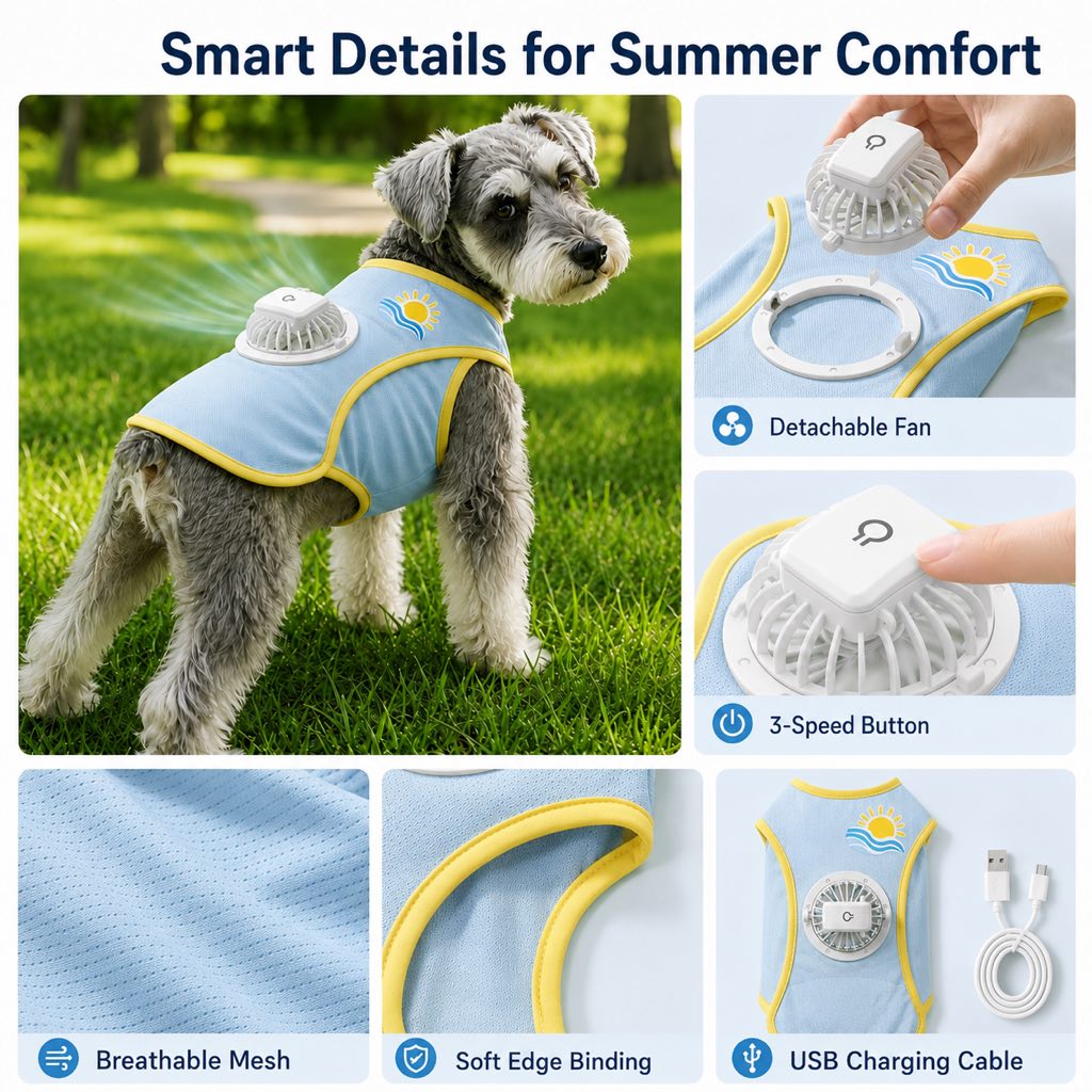 Malloren Cooling Fan Dog Summer Vest for Walks & Outdoor Heat Relief - Lightweight Sun Shirt for Small & Medium Dogs