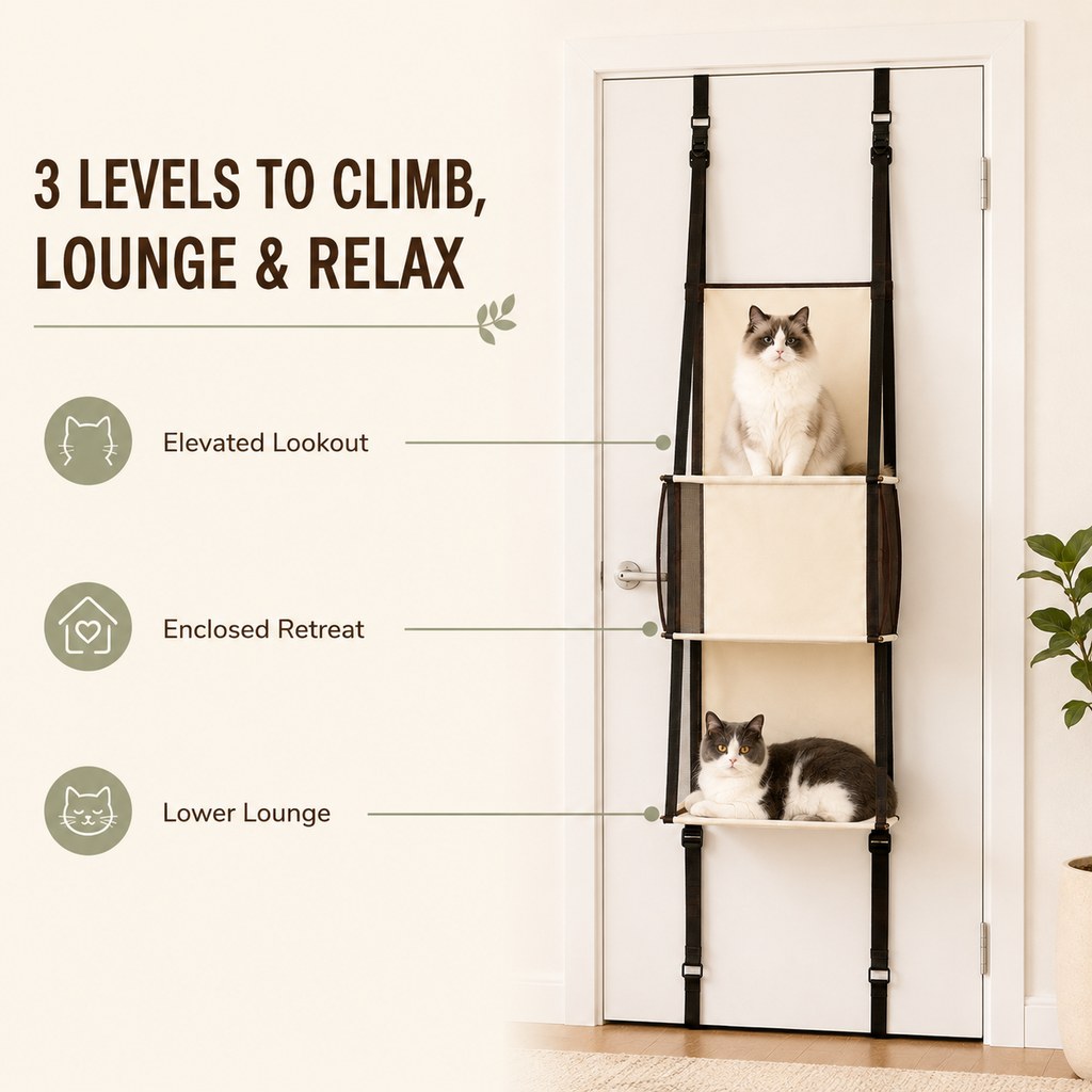 Malloren 3-Tier Door-Mounted Hanging Cat Tree for Apartments – Foldable Space-Saving Cat Climber & Lounge