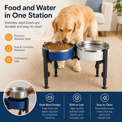Malloren Adjustable Raised Dog Bowl Stand for Home Feeding - No-Bend Metal Pet Bowl Holder for Cleaner, More Comfortable Meals