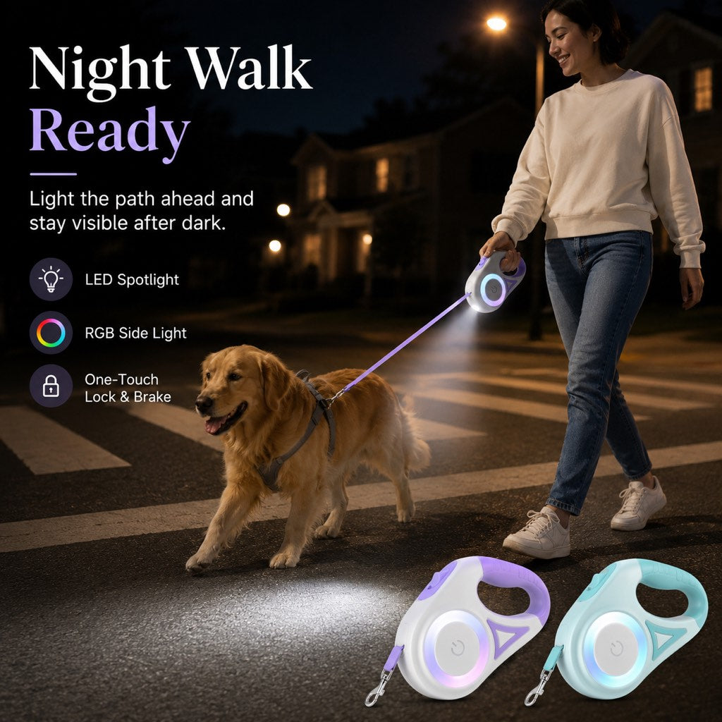 Malloren LED Retractable Dog Leash for Night Walks - Light-Up Dog Leash with Built-In Spotlight, RGB Side Glow & One-Touch Brake for Safer Evening Walks