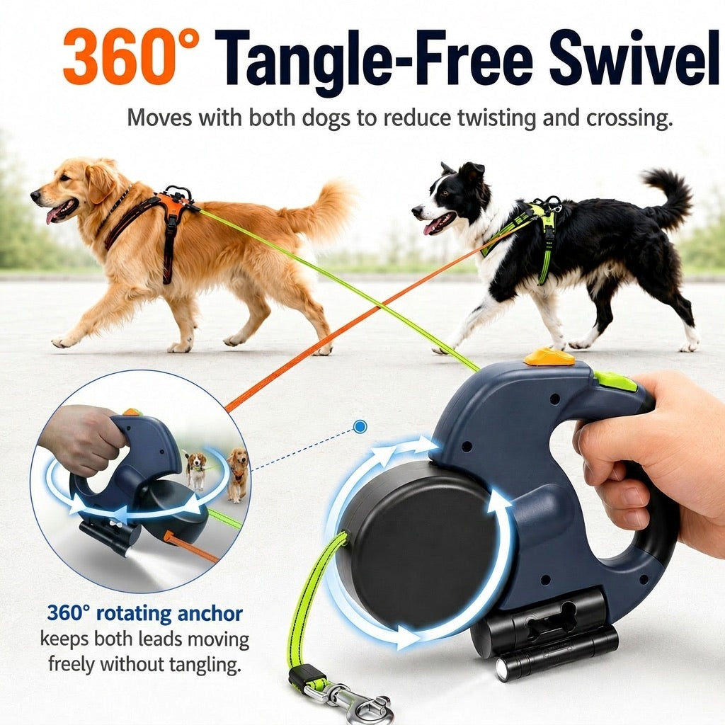 Malloren Dual Dog Leash – 360° Tangle-Free Retractable with LED Light & Built-In Poop Bag Holder
