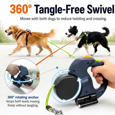 Malloren Dual Dog Leash – 360° Tangle-Free Retractable with LED Light & Built-In Poop Bag Holder