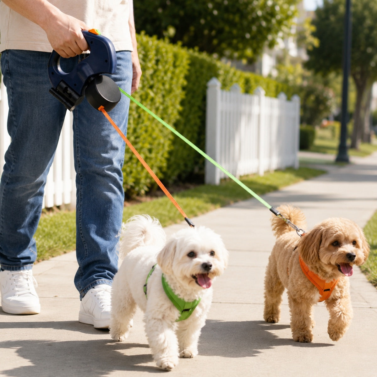 Malloren Dual Dog Leash – 360° Tangle-Free Retractable with LED Light & Built-In Poop Bag Holder