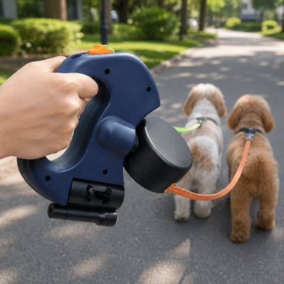 Malloren Dual Dog Leash – 360° Tangle-Free Retractable with LED Light & Built-In Poop Bag Holder