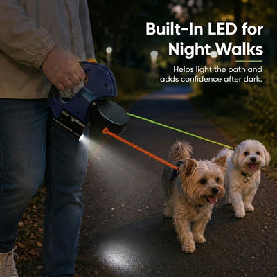 Malloren Dual Dog Leash – 360° Tangle-Free Retractable with LED Light & Built-In Poop Bag Holder