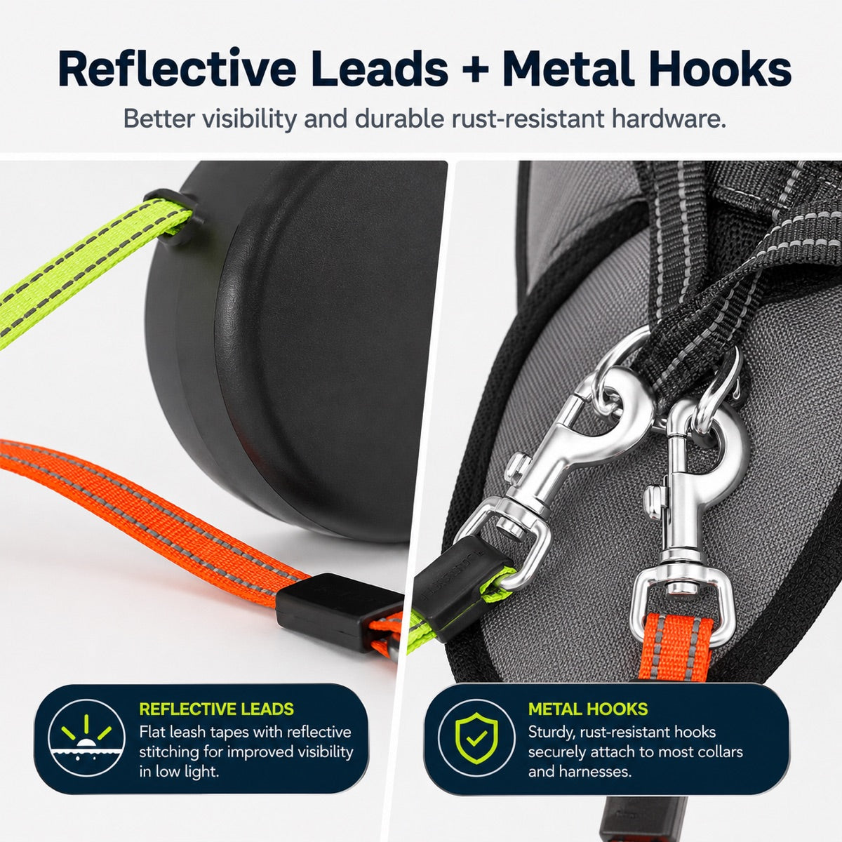 Malloren Dual Dog Leash – 360° Tangle-Free Retractable with LED Light & Built-In Poop Bag Holder