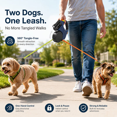 Malloren Dual Dog Leash – 360° Tangle-Free Retractable with LED Light & Built-In Poop Bag Holder