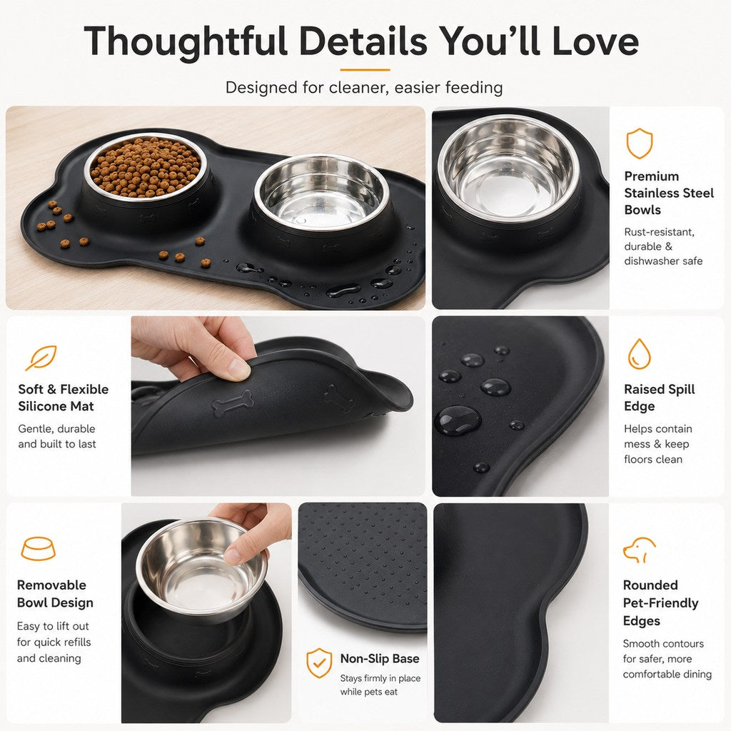 Malloren Spill-Proof Dual Pet Bowl for Cats & Dogs - Mess-Free Food & Water Station for Cleaner Floors