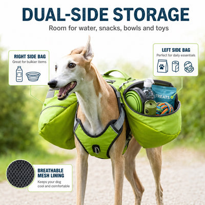 Malloren Dog Saddlebag Backpack Harness for Hiking & Camping - Hands-Free Storage for Water, Treats & Trail Essentials