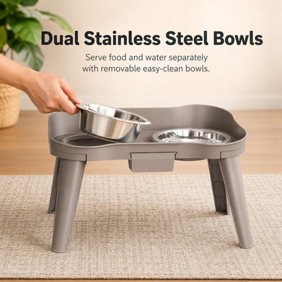 Malloren Elevated Pet Feeder with Spill Guard for Cats & Dogs - Raised Dual Stainless Steel Bowls for Cleaner Floors