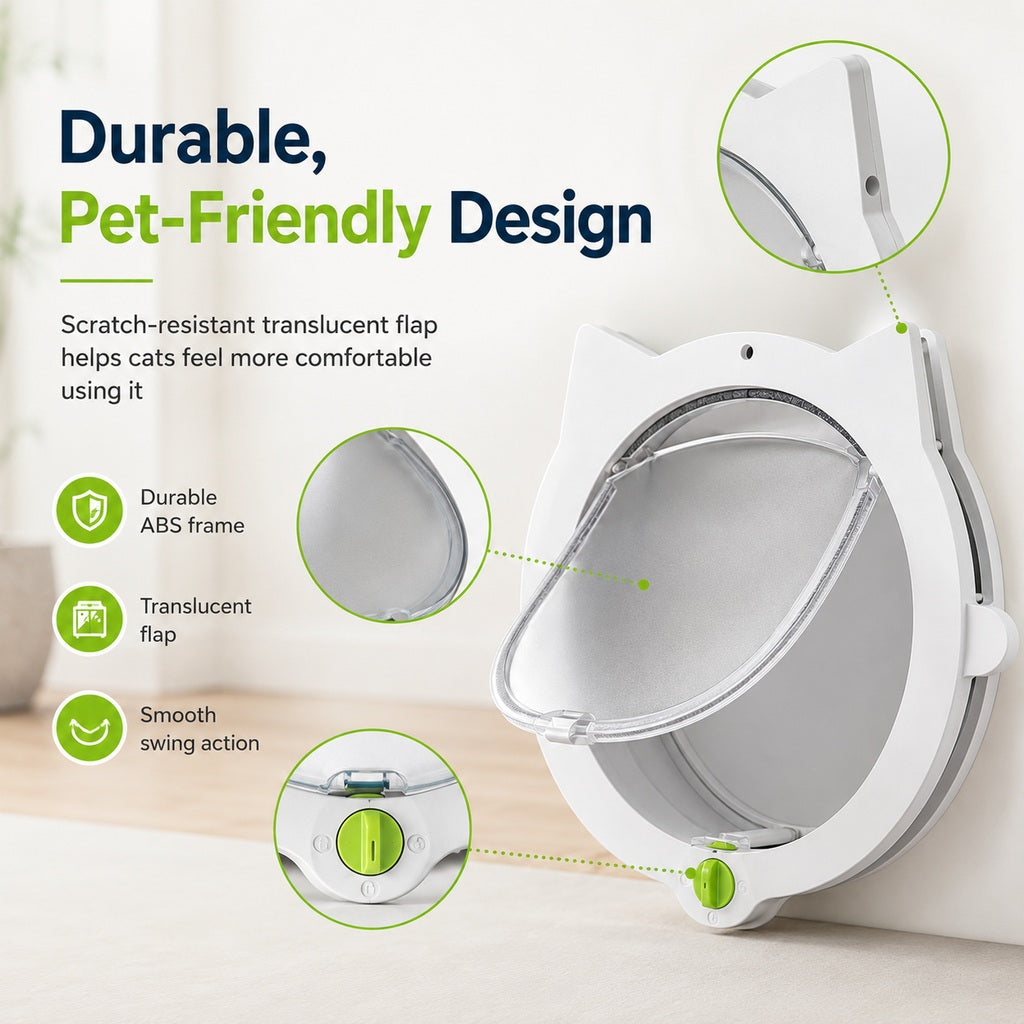 Malloren 4-Way Locking Interior Cat Door for Litter Box Cabinets & Rooms - Private Access Without Door Scratching