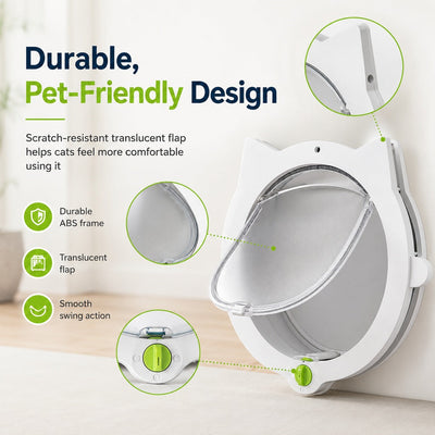 Malloren 4-Way Locking Interior Cat Door for Litter Box Cabinets & Rooms - Private Access Without Door Scratching