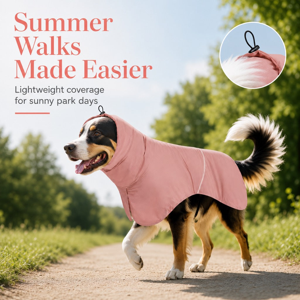 Malloren Hooded Dog Sun & Rain Cape for Summer Walks - Lightweight Neck-to-Back Coverage for Drizzle, Wind & Sunny Outdoor Days
