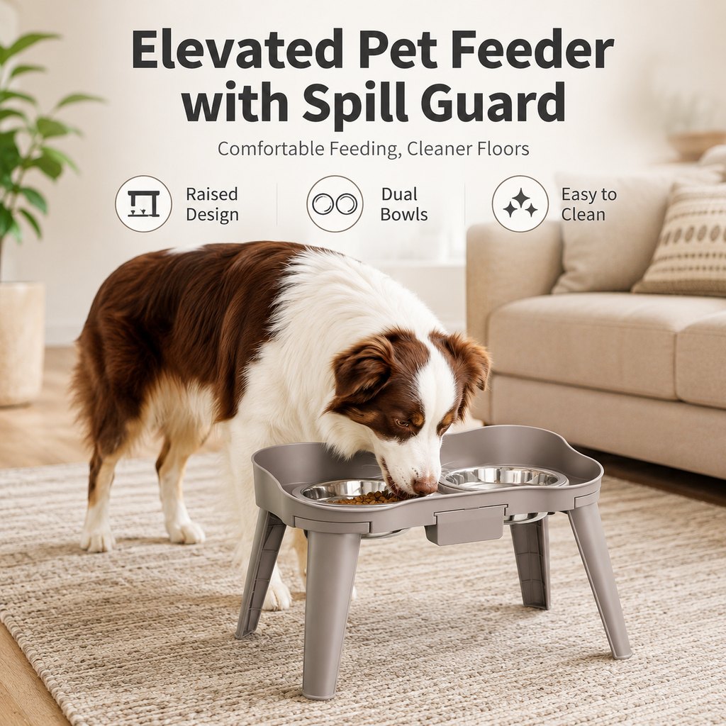 Malloren Elevated Pet Feeder with Spill Guard for Cats & Dogs - Raised Dual Stainless Steel Bowls for Cleaner Floors