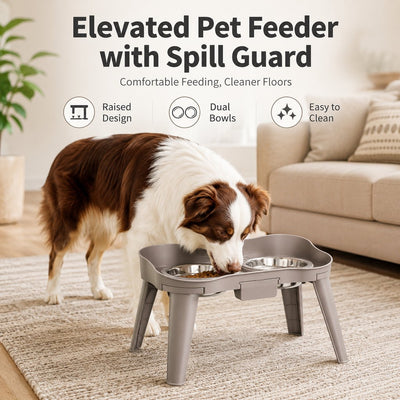 Malloren Elevated Pet Feeder with Spill Guard for Cats & Dogs - Raised Dual Stainless Steel Bowls for Cleaner Floors