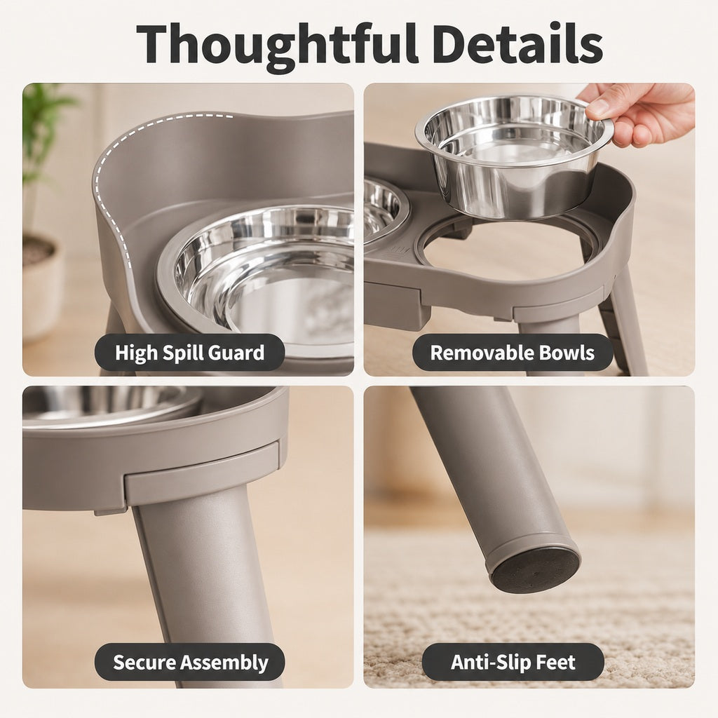 Malloren Elevated Pet Feeder with Spill Guard for Cats & Dogs - Raised Dual Stainless Steel Bowls for Cleaner Floors