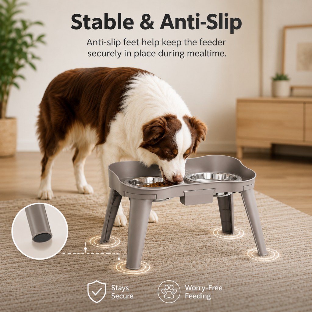 Malloren Elevated Pet Feeder with Spill Guard for Cats & Dogs - Raised Dual Stainless Steel Bowls for Cleaner Floors